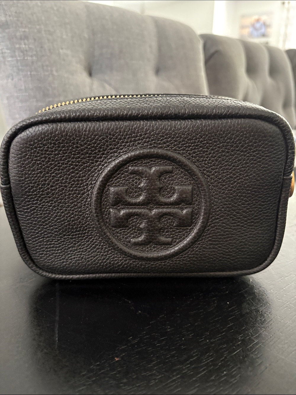 Tory Burch Black Pebbled Leather Toiletry Bag with Embossed Logo